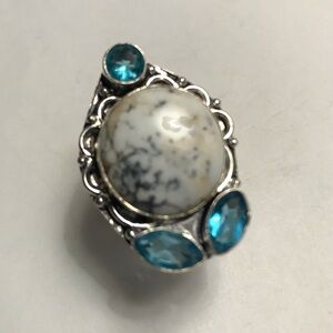 Dendritic Opal Blue Topaz Stamped 925 Sterling Silver Ring